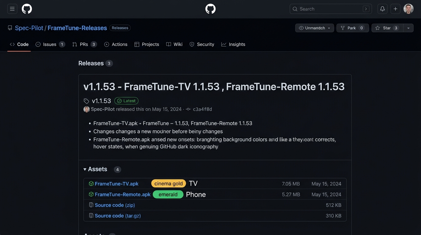GitHub Releases Page Assets section with FrameTune APKs